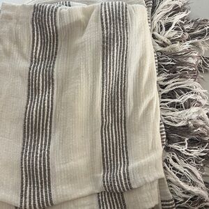 Anthropologie Grey and White Striped Fringed Curtains.